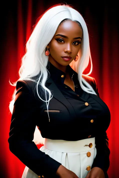 Best quality, masterpiece, high resolution, 1 young black woman, dressed in black choir pants and jacket,red blouse,white hair, beautiful face, physique, Tyndall effect, realistic, dark studio, rim lighting, duotone lighting, (high detail skin: 1.2), 8k uh...