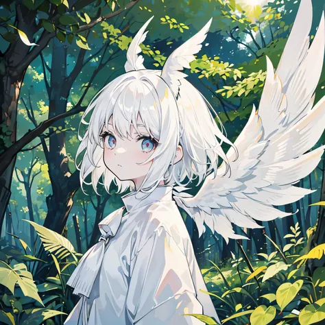 one girl,white skin,Ponytail of white hair,short hair,Her hair has the pure white feather horns of a horned owl.,owl girl,In the forest through the sun through the trees