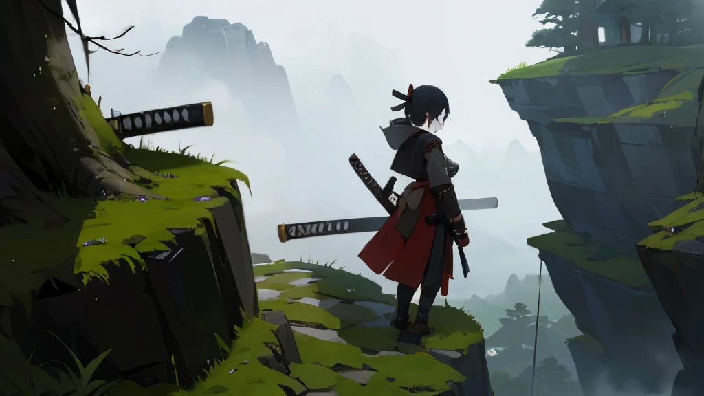 girl in samurai clothes, katana, on top of a mountain, loocking into the misty florest, dark, misty, rocky cliff with moss. dark fantasy look, awesome composition
