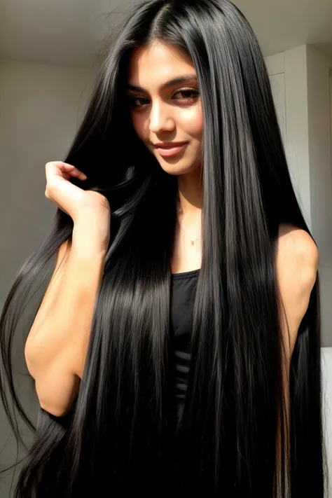 someone is holding a long black hair in their hand, black silky hair, perfect silky straight hair, straight black hair, black st...