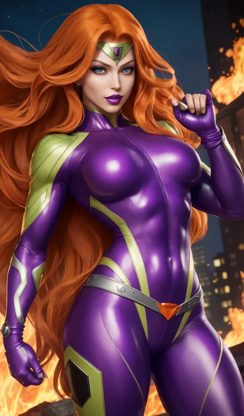 (Masterpiece, 4k resolution, ultra-realistic, very detailed), Super heroine, long orange hair, purple leather suit, muscular body, full purple lips, purple lipstick, large breasts, starfire,  emit green glow eyes