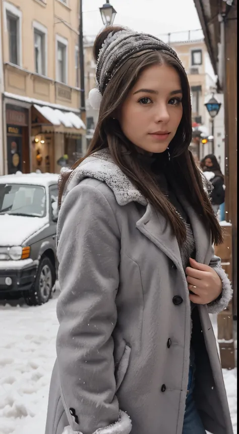 chinchilla fur, brunete,  long hair, 27 years old, scene winter time ,snow, old town street