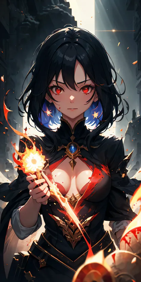 1girl, black hair, red eyes, fire witch, blood, denoising of strength:1.32, light particles, light rays, wallpaper, high contrast, colorful,