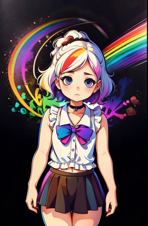 Rainbow on background、rainbow colors、Colorful、highest quality、Super high resolution、(photoreal:1.4)、Female 1 Person、Sleeveless white buttoned shirt、black skirt、black choker、cute、(Kpop Idle)、(charm:1)、(platinum blonde hair:1)、((puffy eyes))、look at the audi...