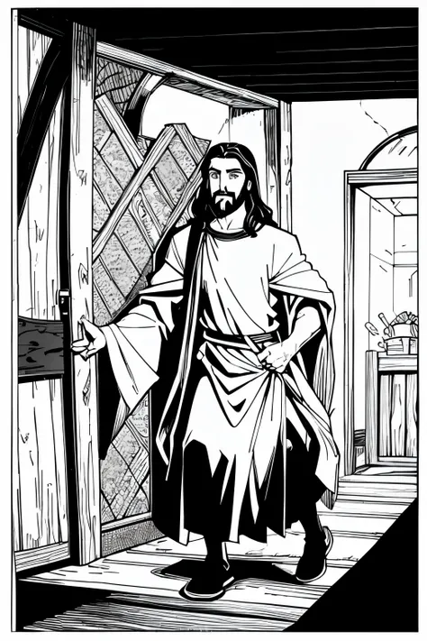 coloring page, no color, jesus christ entering the donkey, cartoon style, black and white, low details, no shading, no color