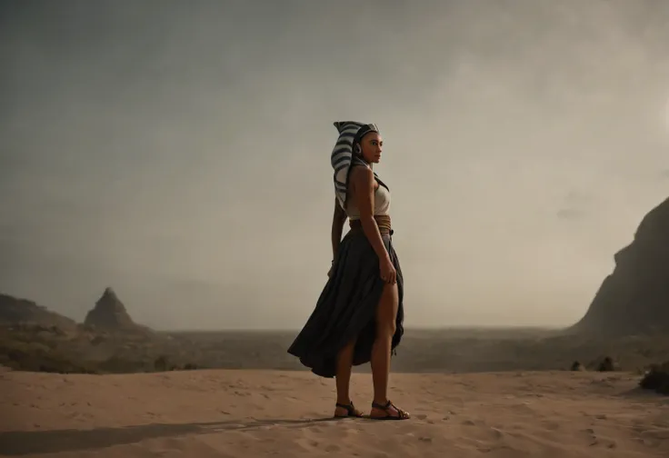 cinematic film still ahsoka tano thunderous clap wearing wrap top, pleated skirt, and block heel sandals at the wandering isles, a group of islands that float aimlessly through the sky, home to nomadic tribes and mythical creatures, full body shot . shallo...