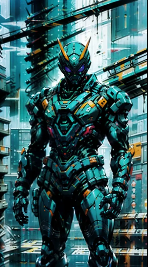 A super  a high-tech biotech battle suit, standing on a rooftop, looking over the city, Japanese tokusatsu and American comic style, biometallic texture of the suit, sleek and shiny, dynamic, fast, natural light, cinematic, high quality, high resolution, h...