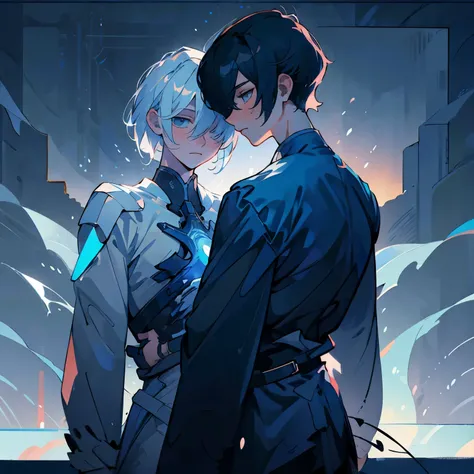 two boys. one guy with black tousled hair and bangs over one eye. another guy with white slicked soft hair. look at each other, blue theme, haze, 4k detail, cold backlight 