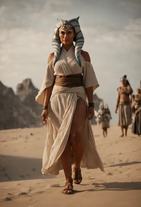 cinematic film still ahsoka tano thunderous clap wearing wrap top, pleated skirt, and block heel sandals at the wandering isles,...