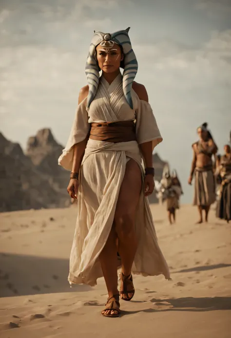 cinematic film still ahsoka tano thunderous clap wearing wrap top, pleated skirt, and block heel sandals at the wandering isles, a group of islands that float aimlessly through the sky, home to nomadic tribes and mythical creatures, full body shot . shallo...