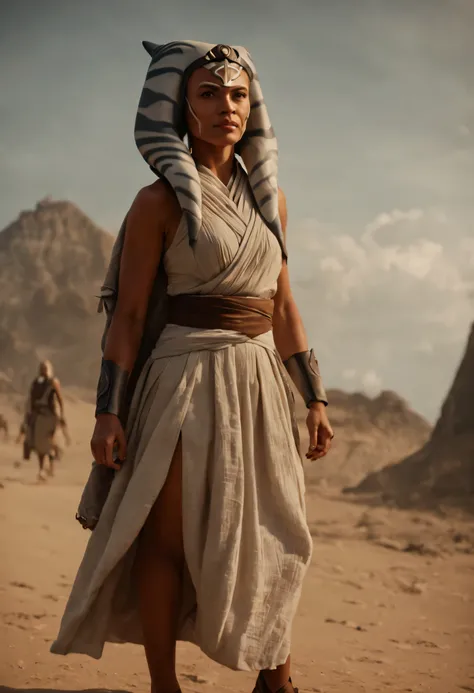 cinematic film still ahsoka tano thunderous clap wearing wrap top, pleated skirt, and block heel sandals at the wandering isles, a group of islands that float aimlessly through the sky, home to nomadic tribes and mythical creatures, full body shot . shallo...