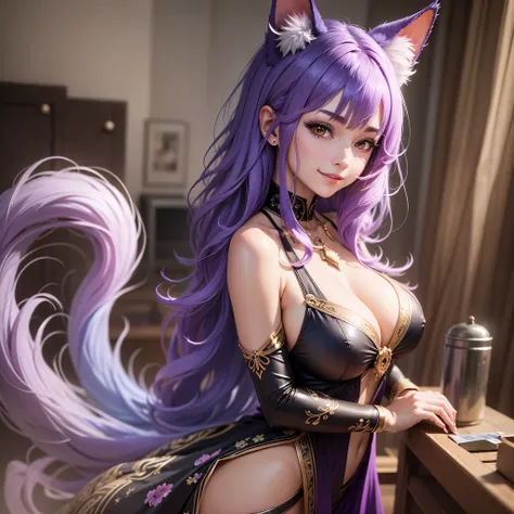 1Girl, red eyes, smile, Purple Hair, cat girl, T-pose, no background, huge breasts, cleavage, sideboob, huge butt, Purple fluffy tail, sexy, long tail, sexy dress, waruochi, japanese clothes, concept, concept dress, ribbon on the chest, purple hair, purple...