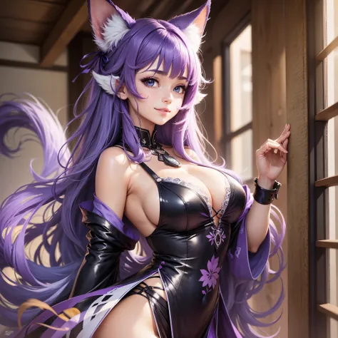 1Girl, red eyes, smile, Purple Hair, cat girl, T-pose, no background, huge breasts, cleavage, sideboob, huge butt, Purple fluffy tail, sexy, long tail, sexy dress, waruochi, japanese clothes, concept, concept dress, ribbon on the chest, purple hair, purple...