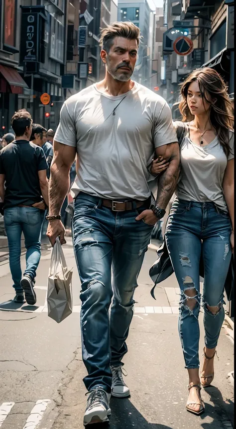 couple, full body, handsome older man, athletic build, white t-shirt and jeans, protecting his younger girlfriend with one arm, long brown hair, jeans, walking in the city at night.