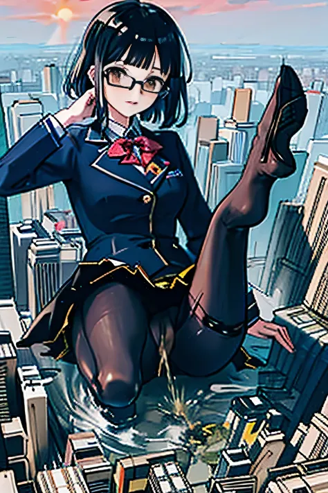 giantess art, surreal high school girl, 非常に詳細なGiantショット, Giant, short hair, black pantyhose, A gigantic high school girl that&#39;s much bigger than a skyscraper, wearing rimless glasses, big breasts, Navy blue blazer, Red tie, mini length skirt, black pan...