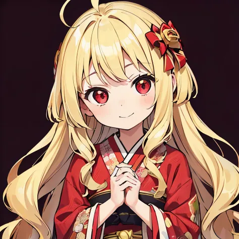 1girl,((child)),(((((loli))))),(((((10 years old))))),(((blonde hair))),ahoge,long hair,wavy hair,(((red eyes))),kimono,furisode,smile