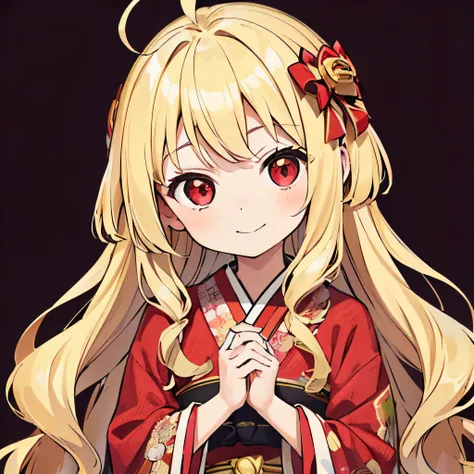 1 girl,((child)),(((((change))))),(((((10 years old))))),(((blonde hair))),Ahoge,long hair,wavy hair,(((red eyes))),kimono,Furisode,smile