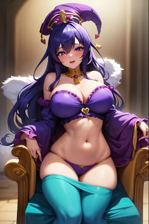 lusty beautiful sexy curvy female jester, wearing a tight frilly yellow and purple jester shirt covered in bells, skimpy panties, and two pronged  jester hat, with large breasts and large ass and thighs and a little waist, dancing seductively in a throne r...