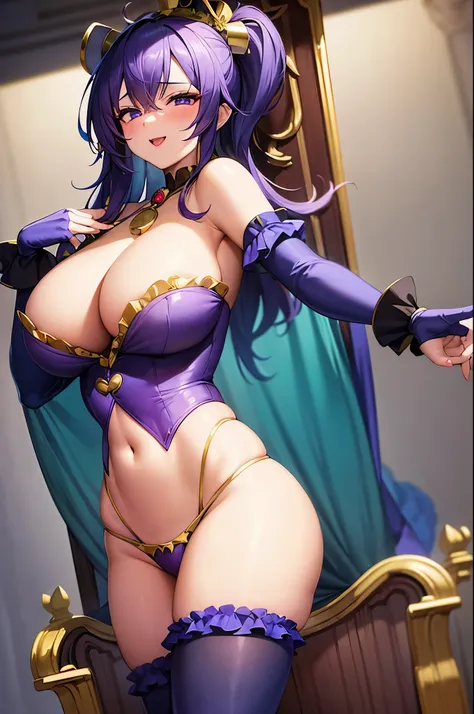 lusty beautiful sexy curvy female jester, wearing a tight frilly yellow and purple jester shirt covered in bells, skimpy panties, and two pronged  jester hat, with large breasts and large ass and thighs and a little waist, dancing seductively in a throne r...