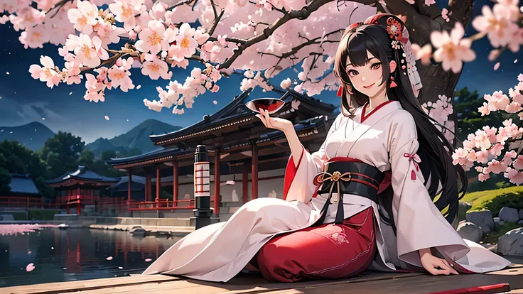 masterpiece,8k,best quality,ultra detailed,ultra highres,(2 Female samurai),(japanese wine),(sake cup),(Equip a japanese armor),(full body shot),black hair,Very Long Hair,brown eye,straight hair,(night),(((Exquisite cherry blossom garden in full bloom))),(...