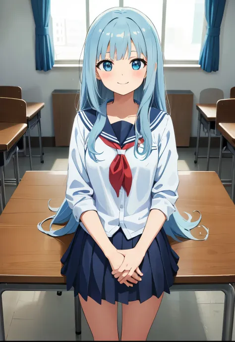 girl.Middle school students.low length.light Blue hair.long hair.school uniform.room.indoor.smile.view audience.smile
