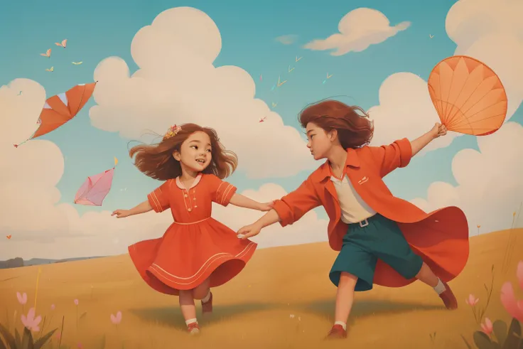 Flying Kite Extravaganza: Envision a father and his tween daughter flying kites in a meadow where the kites dance on their own accord. The girl, with wild curls of vibrant red, wears a flowy dress, while the father is in a retro windbreaker. The whimsical ...