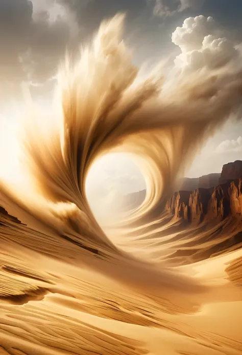 (deep, narrow desert canyon:1.8)，Narrow canyon in the middle of the desert,underground canyon,deep and narrow ravine,(sandstorm，tornado:1.4)，The hurricane rolled up the yellow sand and covered the sky，flying sand，Abandoned houseroken mounds of earth，broken...