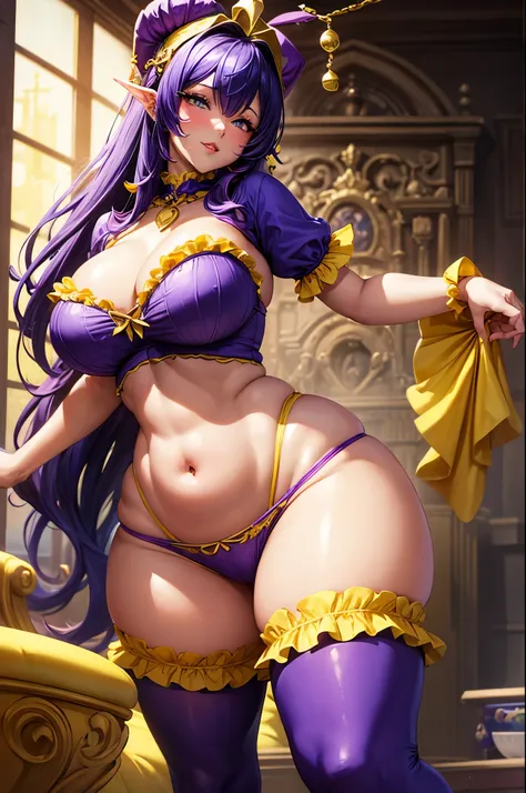 lusty beautiful sexy curvy female jester, wearing a tight frilly yellow and purple jester shirt covered in bells, skimpy panties, tight thigh-highs (one purple, another yellow), and an over the top two pronged jester hat, with incredibly large breasts and ...