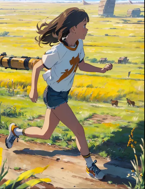 (Best quality, 8k, 32k, Masterpiece, UHD: 1.2, ray tracing: 1.2, (Shedear),(high detail),Cheerful face, real: 1.2), 1girl, (side: 1.5), Yellow Short Sleeves, denim shorts, sneakers, Savannah in the background, (Prairie, Long Range, Running on the prairie: ...