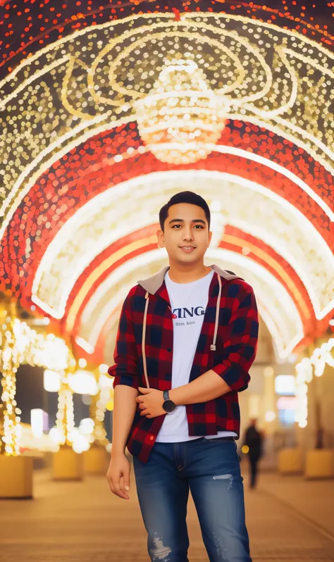 Aarav, wearing a plaid shirt and jeans, stood in front of the tunnel.., Bokeh in the background only, photograph, blurred background bokeh!!, The person in the center of the shot, Shot with a Canon 50mm f lens../1.2, Bokeh 4 5 mm, blurred background, Bokeh...