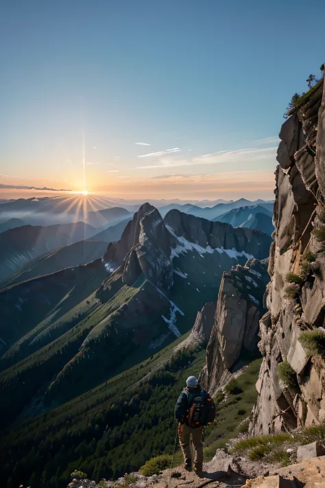 (realistic:1.37),photograph,landscape,mountain climbing,man climbing a high mountain,climbing gear,safety equipment,high mountain view,perfect facial features,dramatic lighting,colorful sunset,adventurous spirit,blurred background,strong determination,wide...