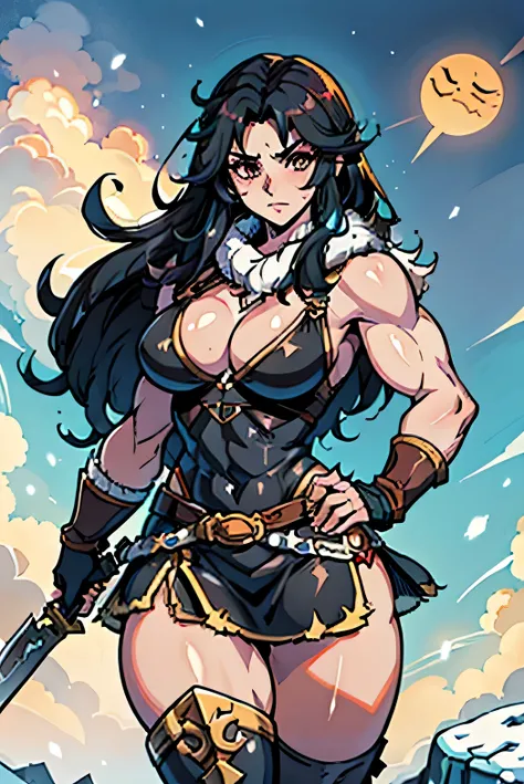 a woman with a greatsword and barbarian winter clothes, muscular barbarian women, barbarian character design, female barbarian, high quality character design, comic character design, rpg character, extremely pale, muscular woman, black hair