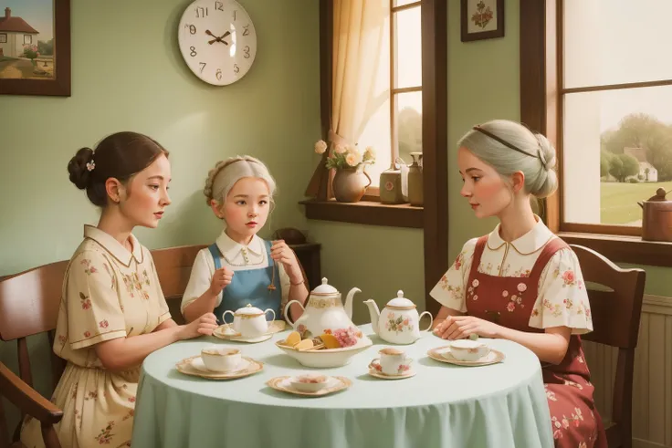 Teatime at the Countryside Cottage: Picture a family of three generations, gathered for tea in a charming countryside cottage. The grandmother, a woman with silver hair in a bun, wears a floral dress, while the children don quaint outfits. The scene is fil...