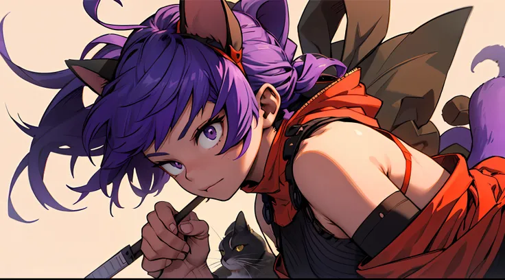 A Little Girl, Shoulders Long Hair, Purple Hair, Small Purple Cat Ears, A Purple Cat Tail, Assassin Clothing, Amine Style