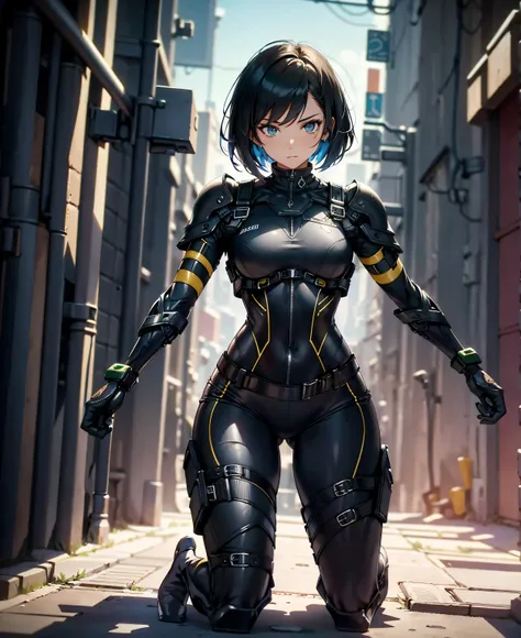 best quality，T Masterpiece，ultimate resolution，downy，highly colorful，colorful，Women Combatants，（kneeling pose）（Pointing at you in the ass）mature woman，Black Super Short Hair，Tight combat suit，tight suit，Steel City Background，night，Normal posture，Normal pos...