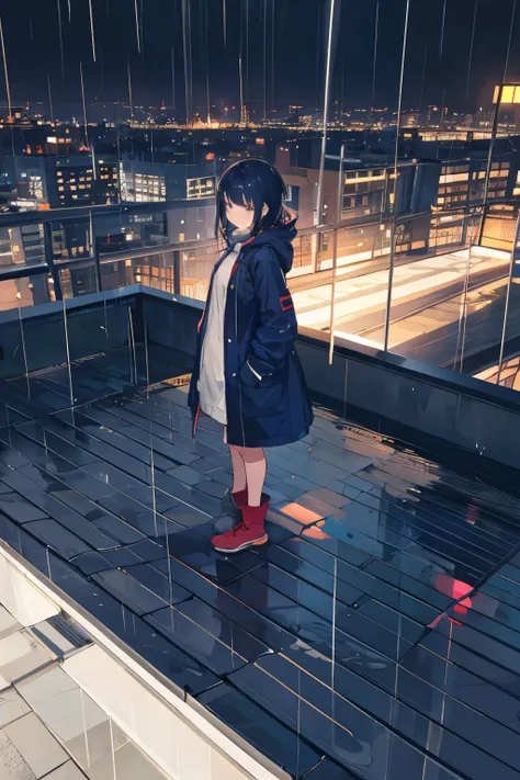 1 girl,Building rooftop,rain,cook coat,Figure with hands in pockets