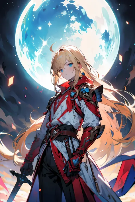 00395-1000268779-ffxxxgggxxxff, weapon, long hair, sword, blonde hair, solo, blue eyes, holding weapon, 1boy, holding, holding sword, sky, male f