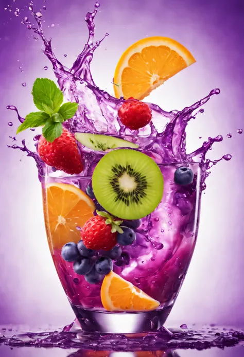 fruit cocktail drink glass, colorful splash, high definition, purple background