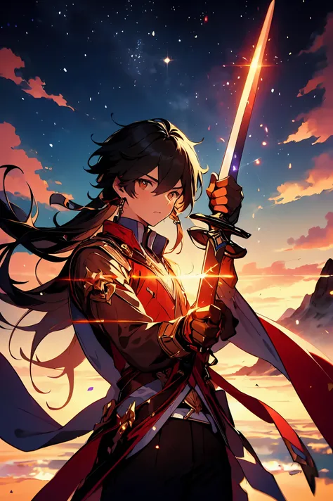 00398-3668547139-ffxxxgggxxxff, long hair, 1boy, male focus, solo, weapon, sword, mountain, holding, bangs, gloves, sky, holding weapon, night, j