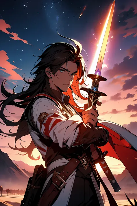 00398-3668547139-ffxxxgggxxxff, long hair, 1boy, male focus, solo, weapon, sword, mountain, holding, bangs, gloves, sky, holding weapon, night, j