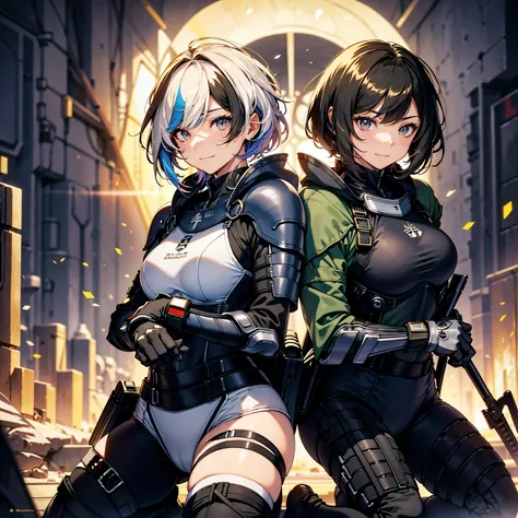 highest quality，T Masterpiece，final solution，Fluffy，非常にcolorful，colorful，female combatant，（kneeling pose）（pointing at your ass）mature woman，black super short hair，tight combat uniform，tight suit，steel city background，night，normal posture，normal posture、Gen...