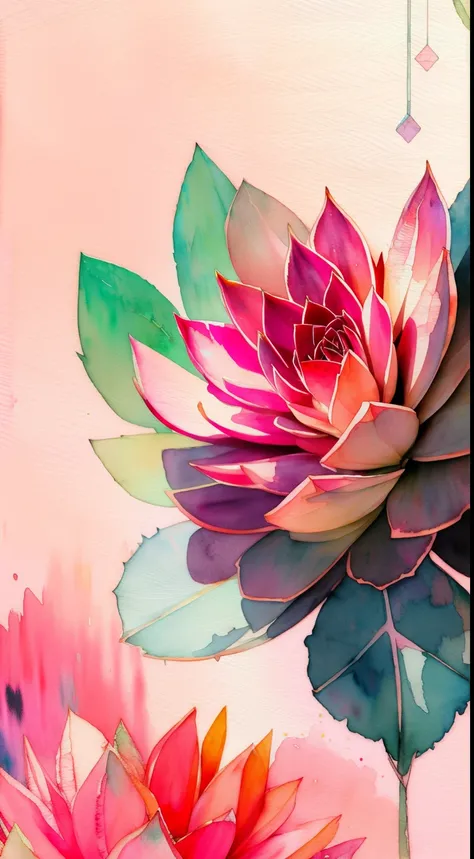 Style Wtrcolor, (pink) succulents, digital art, formal art, gone With the Wind, masterpiece, Beautiful, ((watercolor)), splashes of paint, complex parts. Excellent detail, [drop:0.7], trending on ArtStation, Rachel Walker