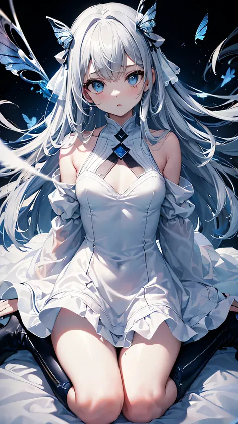 (muste piece, highest quality, ultra high resolution),1 girl,suit , beautiful and detailed face, fine eyes,((Gray and Blue theme)),((whole body)),perfect eyes、no background,white background,((wearing black boots)),((Cute fluttery white dress)),Isshiki、mode...