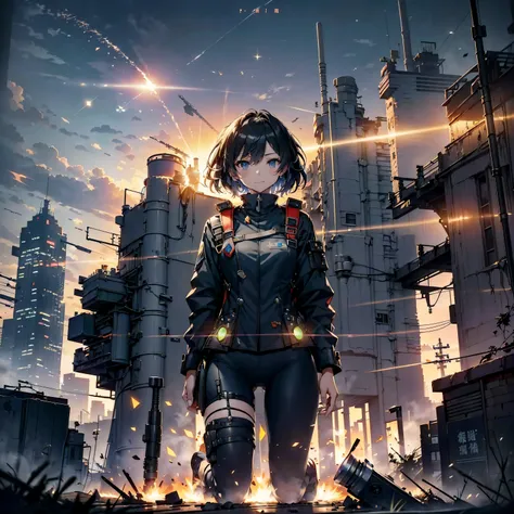 (highest quality，T Masterpiece，final solution，Fluffy，非常にcolorful，colorful):(female combatant，（kneeling pose）（pointing at your ass）mature woman，navy blue super short hair，Tight navy and black combat uniform，tight suit，steel city background，night，normal post...