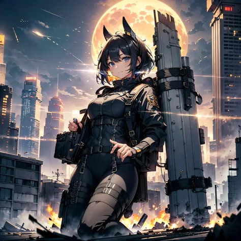 (highest quality，T Masterpiece，final solution，Fluffy，非常にcolorful，colorful):(female combatant，（kneeling pose）（pointing at your ass）mature woman，navy blue super short hair，Tight navy and black combat uniform，tight suit，steel city background，night，normal post...