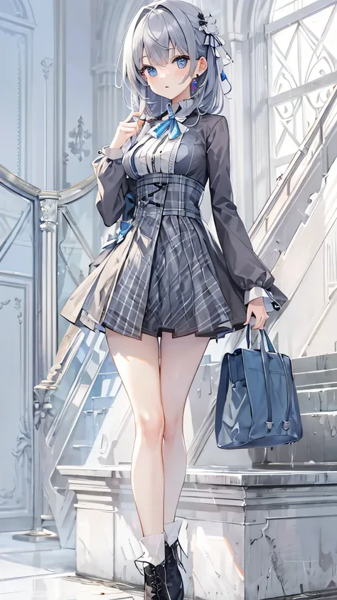 (muste piece, highest quality, ultra high resolution),1 girl,suit , beautiful and detailed face, fine eyes,((Gray and Blue theme)),((whole body)),perfect eyes、no background,white background,((wearing black boots)),((Cute fluttery white dress)),Isshiki、mode...