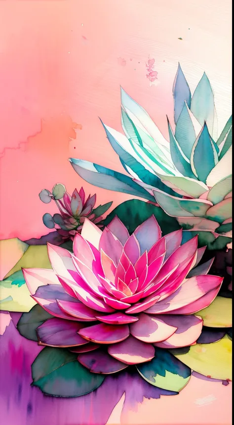 Style Wtrcolor, (pink) succulents, digital art, formal art, gone With the Wind, masterpiece, Beautiful, ((watercolor)), splashes of paint, complex parts. Excellent detail, [drop:0.7], trending on ArtStation, Rachel Walker