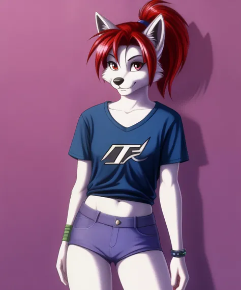 Hope Van Dyne the silver fox, light purple fur, red hair, 17 years old, 1990’s teenager style, full body