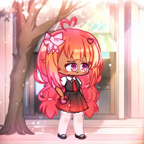 Advanced chibi artstyle, chibi, detailed, beautiful masterpiece, shiny, 4K, Gacha edit, pink hair, brown skin, red tie, black shirt, white short sleeves, white stockings, black shoes, pink hair ribbon, heart hairpiece, heart ahoge, pink eyes