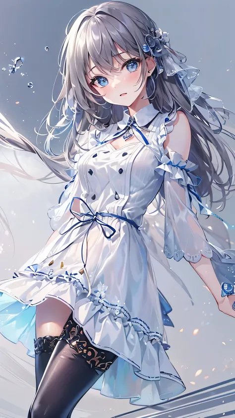 (muste piece, highest quality, ultra high resolution),1 girl,suit , beautiful and detailed face, fine eyes,((Gray and Blue theme)),((whole body)),perfect eyes、no background,white background,((wearing black boots)),((Cute fluttery white dress)),Isshiki、mode...